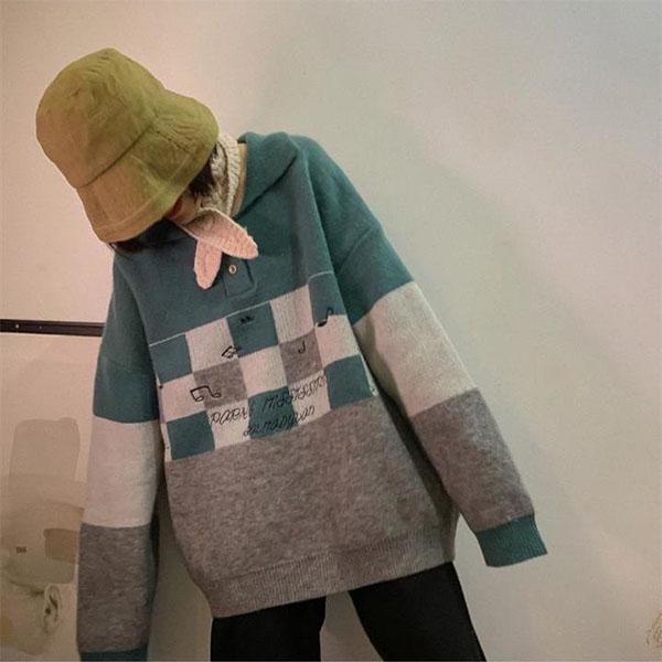 Autumn and Winter Pullover Loose Plaid Sweater Female Student Mid-length College Style Sweater Coat