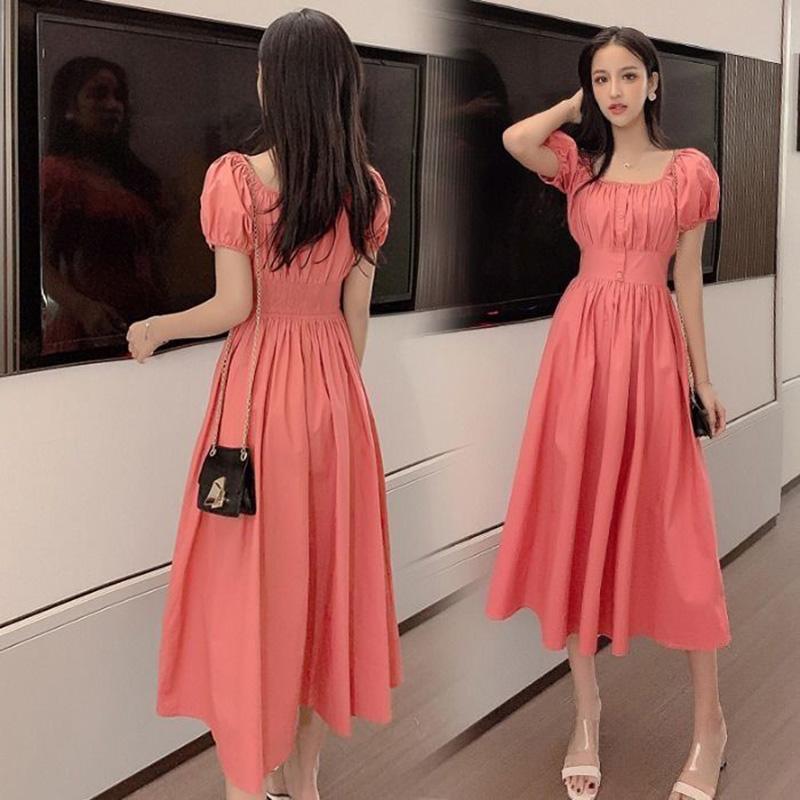One-line Collar Strapless Dress Summer Sweet Temperament Small Fresh Mid-length A-line Skirt Waist Was Thin and Elegant Temperament Retro Style