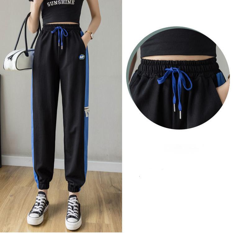 WTEMPO Stitching Stripes Sport Pants Elastic Waist Joggers Casyal Women Long Sweatpants Loose Casual Solid Color Baggy Trousers