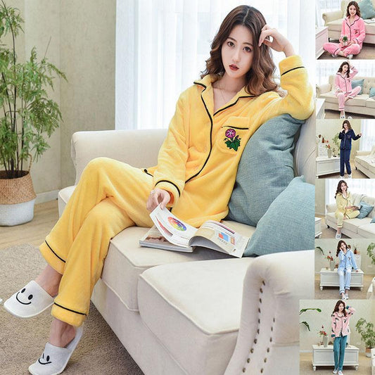 Genuine Flannel Autumn and Winter Women's Pajamas Plus Velvet Thick Coral Fleece Suit Large Size Warm Home Service