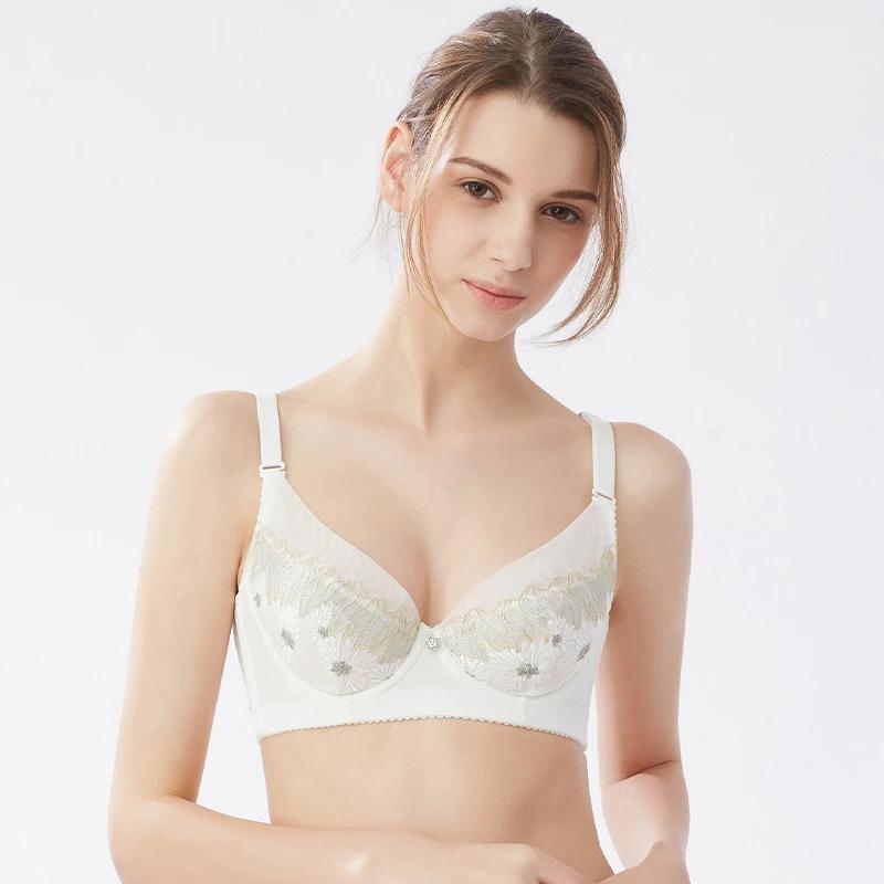Women's Comfortable Embroidered Underwear Adjustable Bra for Big Breasts Sexy Lace Mesh Floral Gather Straps Brassiere Full Cup Pad Solid Underwear