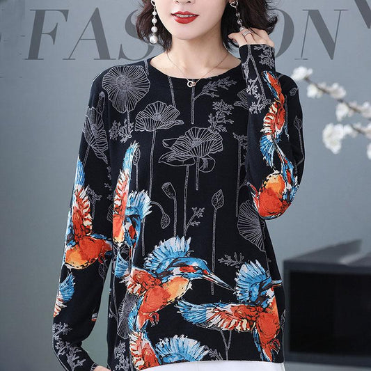 Autumn Winter Personalized Printed Sweater Women's Round Neck Sweater Pullover Loose Bottoming Sweater Thin Wool Blend Jumper Tops