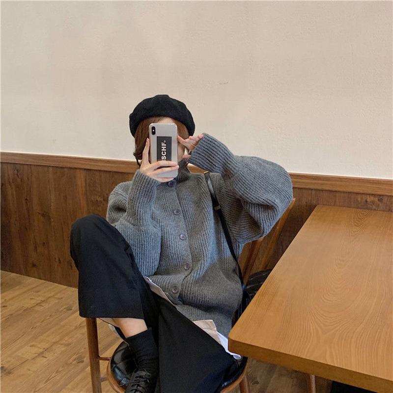 Spring  Autumn Design Sense Lapel Solid Color Vertical Pattern Sweater Cardigan Girl Student Casual Fashion All-match Knitted Cardigan