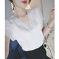 Summer White V-neck Short-sleeved Chiffon Shirt Fabric Lightweight Breathable Chiffon Short-sleeved Shirt Sweet and Lovely Elegant Temperament