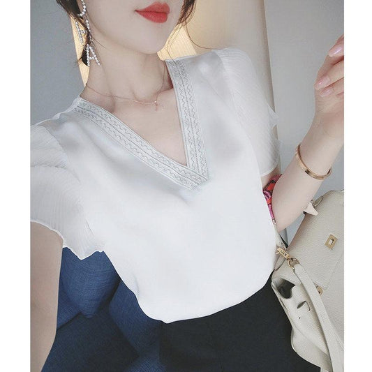 Summer White V-neck Short-sleeved Chiffon Shirt Fabric Lightweight Breathable Chiffon Short-sleeved Shirt Sweet and Lovely Elegant Temperament