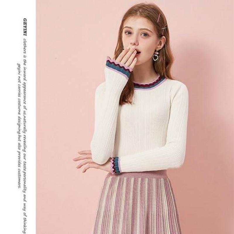 Hit Color Ruffled Pullover Sweater Women's Long-sleeved Slim Bottoming Shirt Autumn Winter