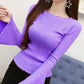 Fall/winter Stretch Bottoming Female Wood Ear Side-neck Long-sleeved Sweater Trumpet Sleeve Short Knitwear All-match