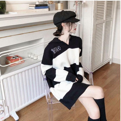 Spring Fashion Simple Sweater Striped Pattern Warm Jacket Mid-length Loose Young Women's Top