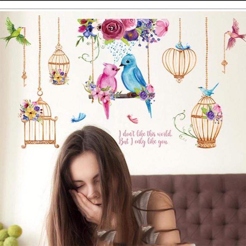 Color Flower Bird Cage Wall Stickers Removable I Like You Romantic Wallpaper