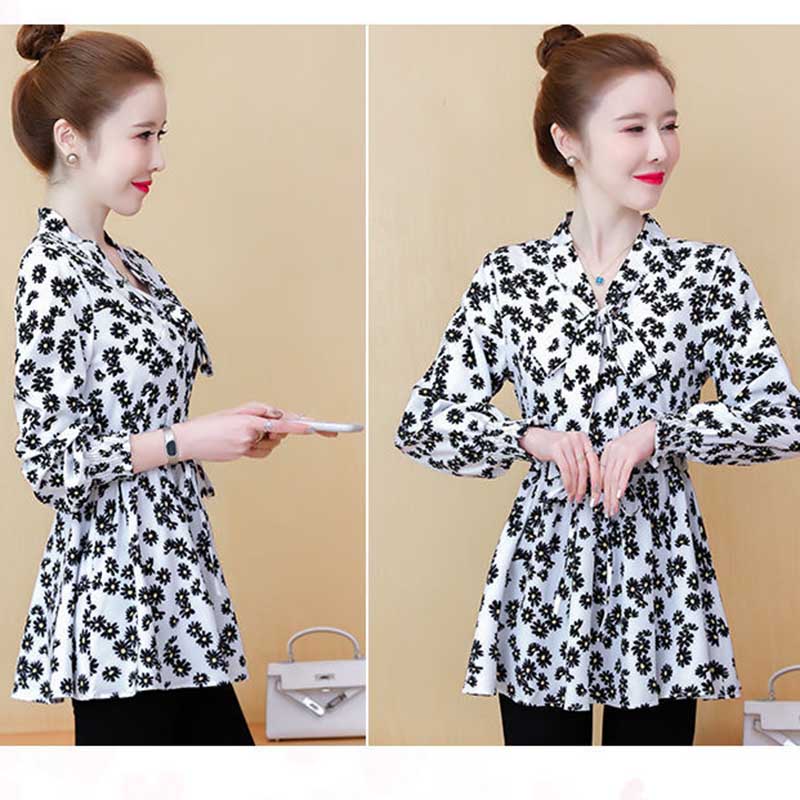 Large Size Chiffon Shirt Women's Spring and Autumn Waist Mid-length Small Daisy Long-sleeved Shirt Top