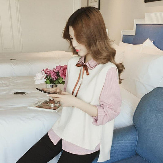 Spring and Autumn Striped Shirt Vest Two-piece Knitted Suit Vest Fashion Simple Female Sweater