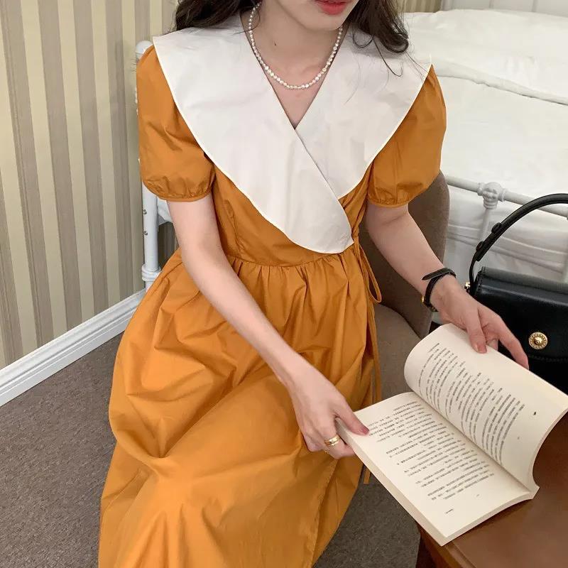 Women's Summer Long Dress Round Neck Puff Sleeves Solid Color V-Neck Dress