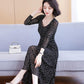 Spring and Summer Mesh Dress Women's Long-sleeved Long Section Slim Temperament Long Rectangular Neckline Printed Skirt