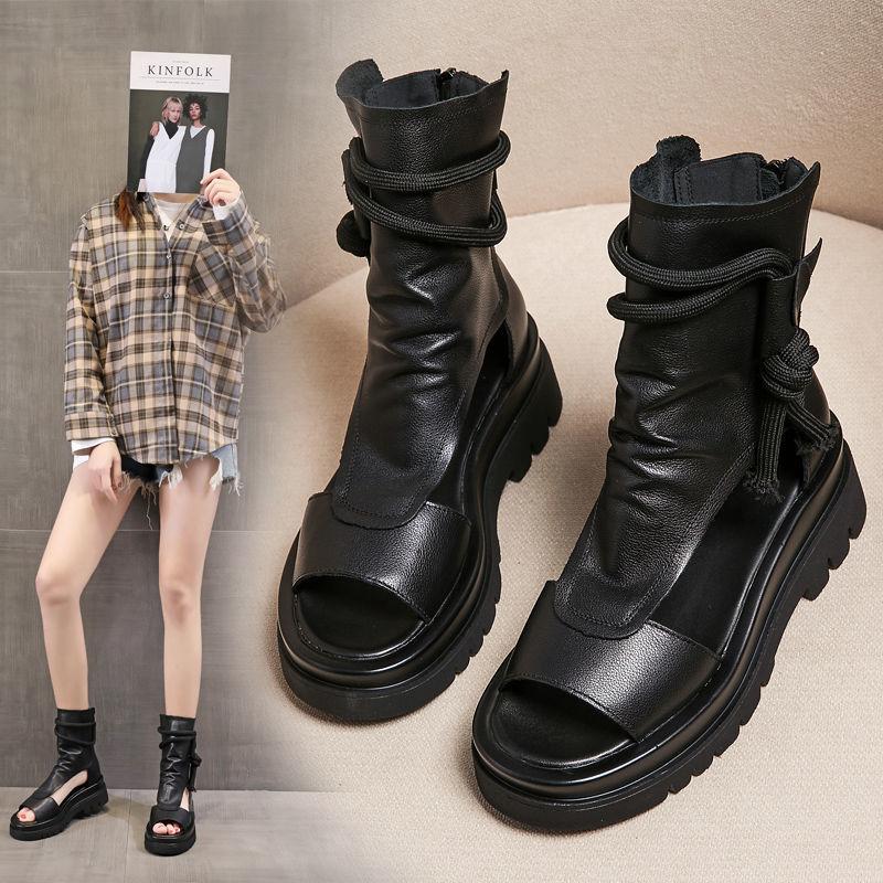 Women's Soft Leather Flat Sandals Platform Fish Mouth Sandals Mid-heel Casual High-top Roman Shoes