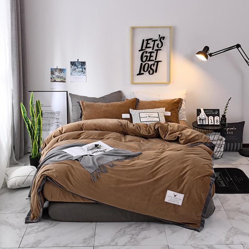 Cotton solid color wool fabric bedding set quilt cover sheet set pillowcase home four-piece