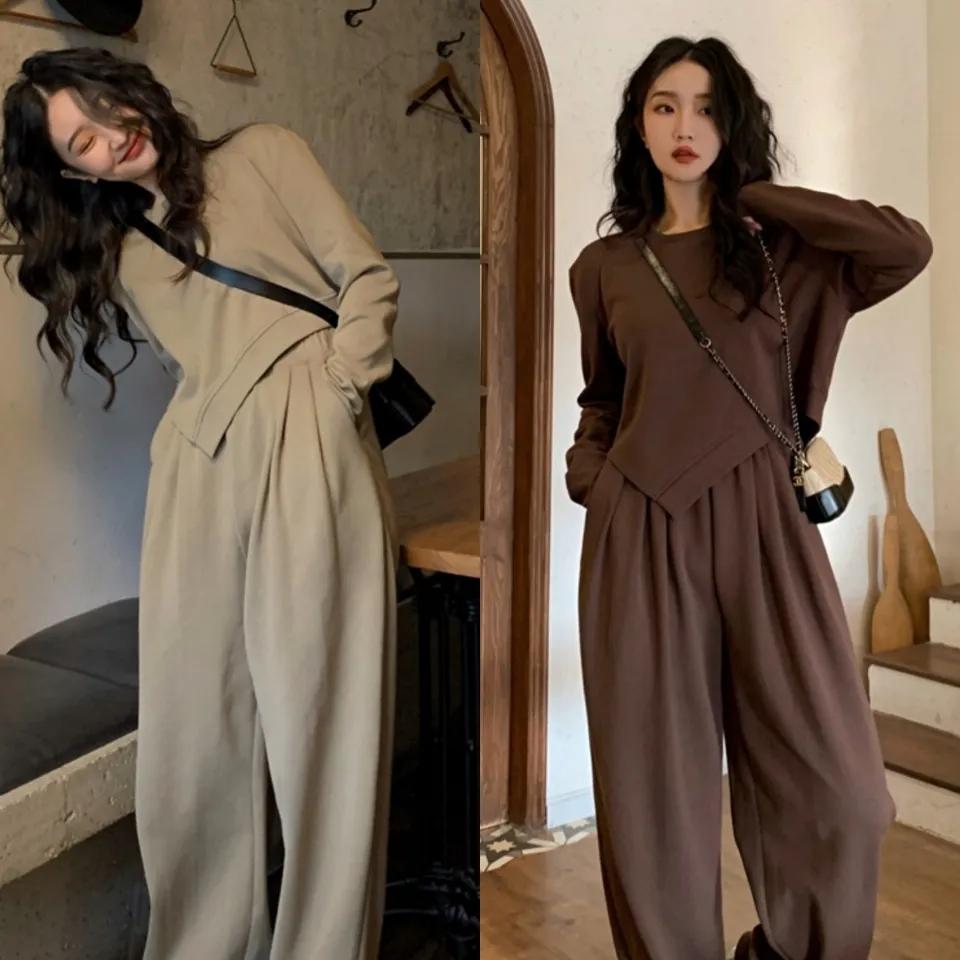 2PCS Retro Suit Women's Autumn and Winter Casual Lazy Wind Sweater + Wide-leg Pants Two-piece Girls Athletic Clothing Loose Sports Jogging Suits