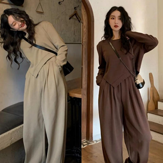 2PCS Retro Suit Women's Autumn and Winter Casual Lazy Wind Sweater + Wide-leg Pants Two-piece Girls Athletic Clothing Loose Sports Jogging Suits