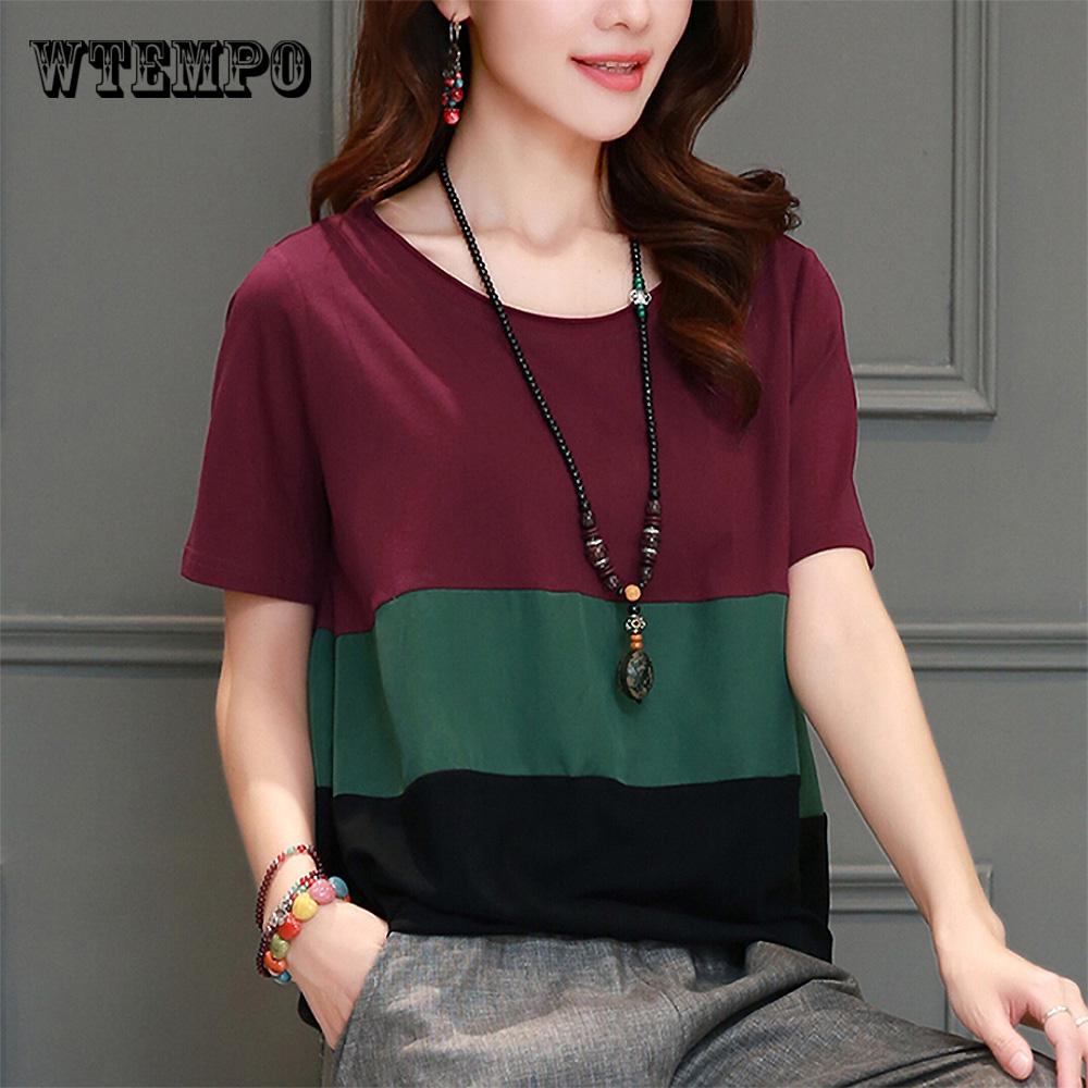 women's stitching  T-shirt Ladies Splice Short Sleeve Patchwork Color T-shirt tops summer