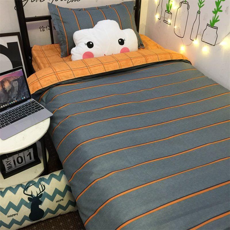 Nordic Simple Check Stripe Bed Three-piece Quilt Cover Sheet Pillow Case Single Bed Set