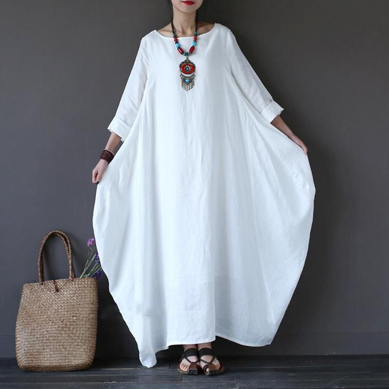 S-XXXXXL Summer Cotton and Linen 3/4 sleeved Full Length Large Size Loose Casual Solid Color Dress
