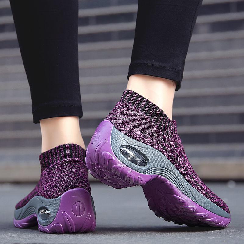 Women's Mid High-heeled Sneakers Casual Breathable Mesh Sports Shoes Running Flat Shoes Slip on Thick-soled Dance Shoes