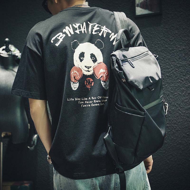 Summer Black Cotton Short-sleeved T-shirt Male Loose Half-sleeved Large Size Wild Panda Print Top