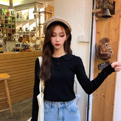 Solid Color Wild Sweater Women's Hedging Slim Was Thin Long-sleeved Lapel Bottoming Sweater