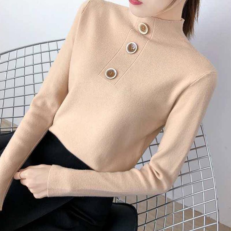 Pofulove women Turtleneck sweater with buttons slim Knit Pullover long sleeve jumpers top winter