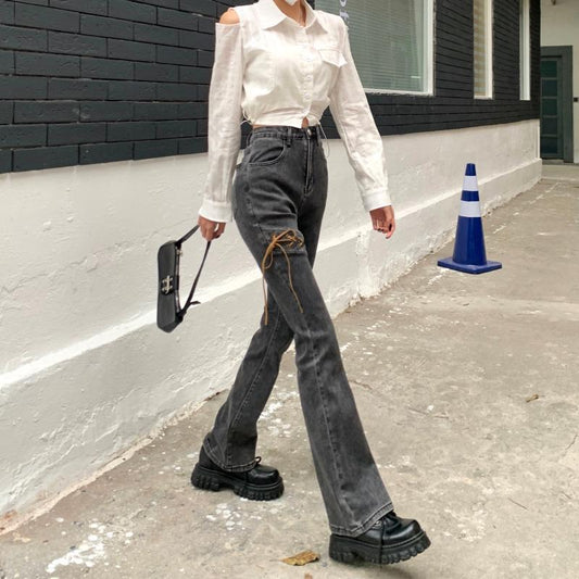 Tie High Waist Micro-horn Jeans Female Autumn and Winter New CHIC Slim Slimming Towards Straight Pants Pants