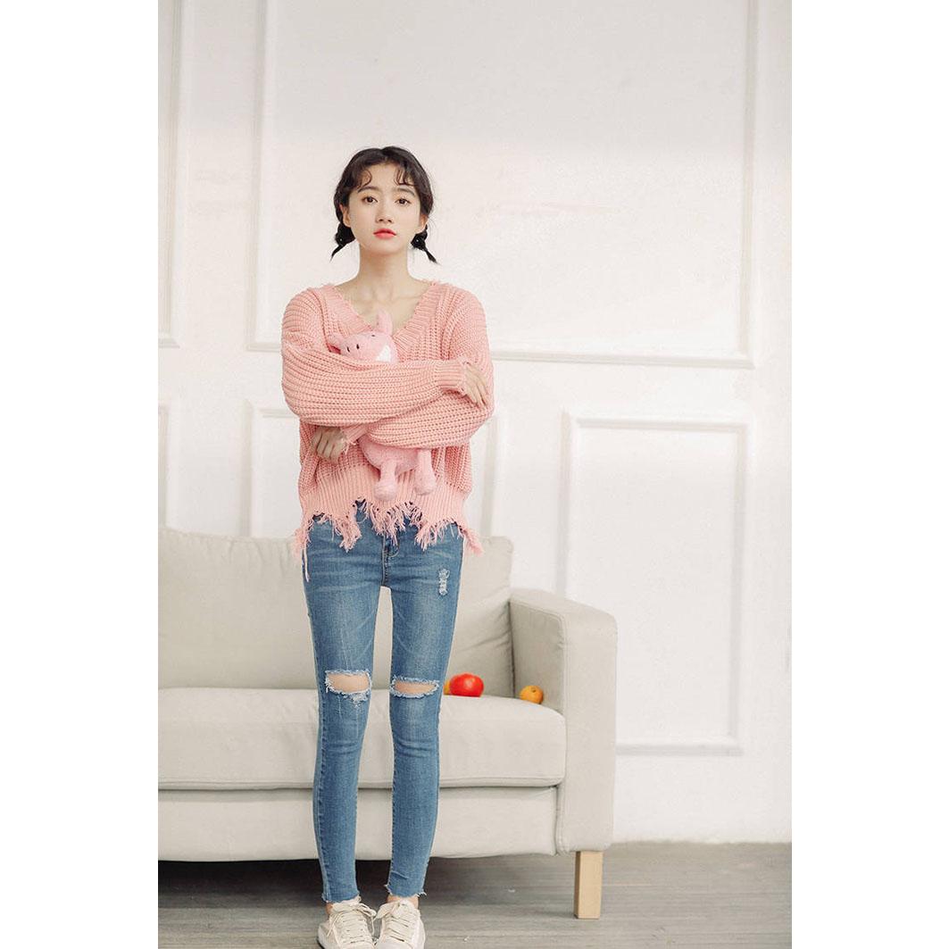 Women Fringed Zigzag Hem V Neck Sweater Drop Shoulder Ripped Pullovers Streetwear Loose Tops