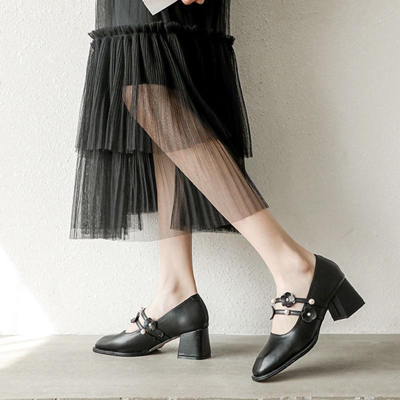 French Girl Single Shoes Small High Heels Thick Heels Retro  Gentle Mid-heel All-match