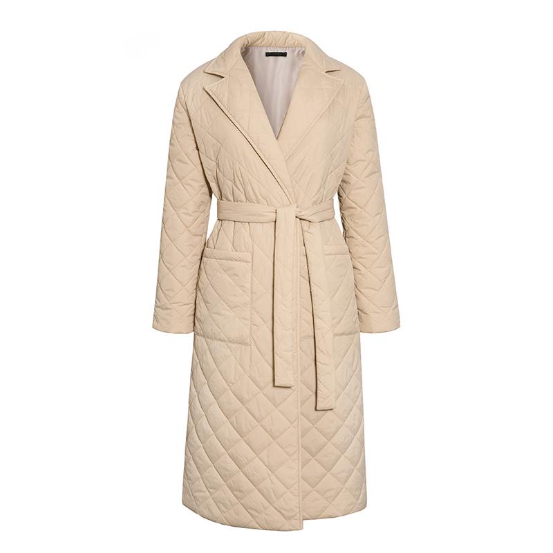 Long Straight Winter Coat with Rhombus Pattern Casual Sashes Women Parkas Deep Pockets Tailored Collar Stylish Outerwear