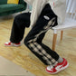 Plaid Stitching Plus Velvet Trousers Women's Autumn and Winter Thickened Straight Trousers Ins Loose-fitting Feet Were Thin and Versatile Trousers