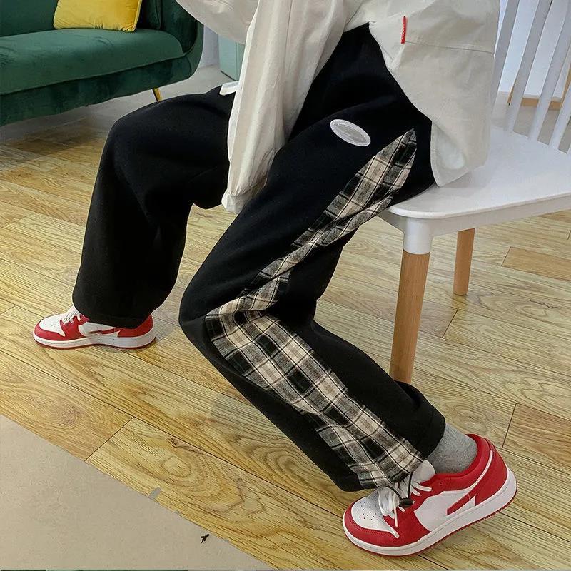 Plaid Stitching Plus Velvet Trousers Women's Autumn and Winter Thickened Straight Trousers Ins Loose-fitting Feet Were Thin and Versatile Trousers