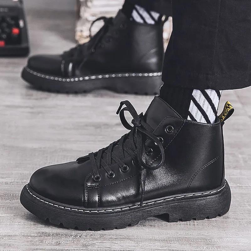Men's Black Martin Boots Mid-British Thick-soled Men's Boots Korean Style Trendy All-match High-top Leather Shoes
