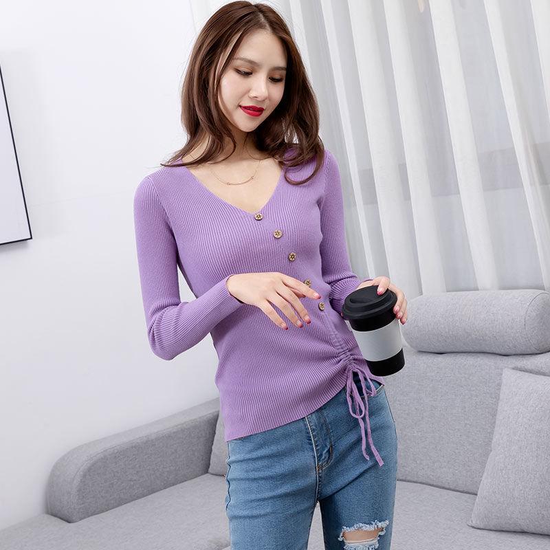 Autumn and Winter V-neck Loose Sweater Long Sleeve Casual Simple Tops Sexy Slim Women Bottoming Shirt
