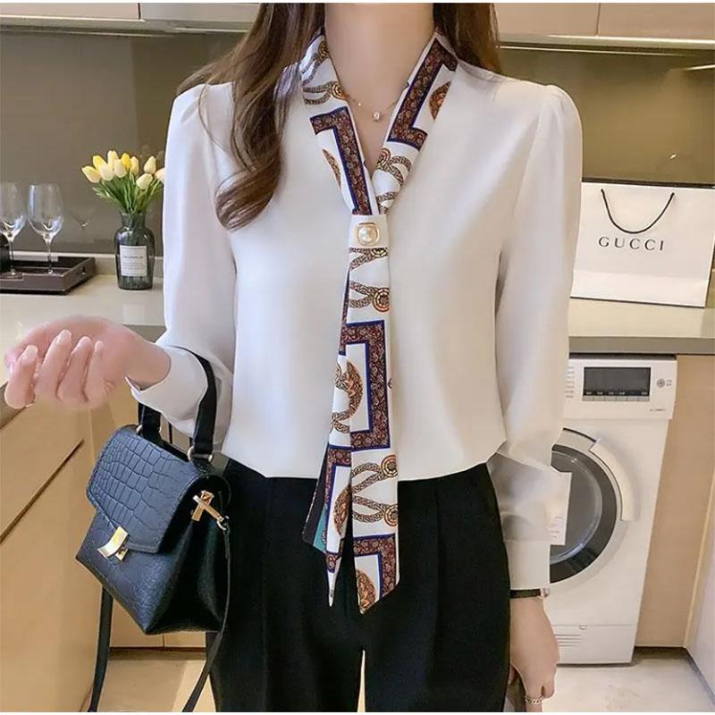Ladies Shirt Design V-Neck White Blue Contrast Color Long-Sleeve Top Temperament Tie Professional Dress