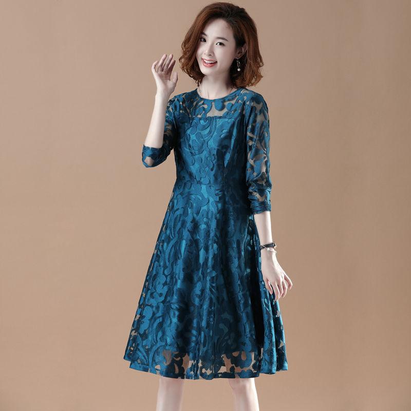 Large Size Lace Long-sleeved Dress Female Spring Summer Thin Hollow A-line Skirt All-match Dinner Dress