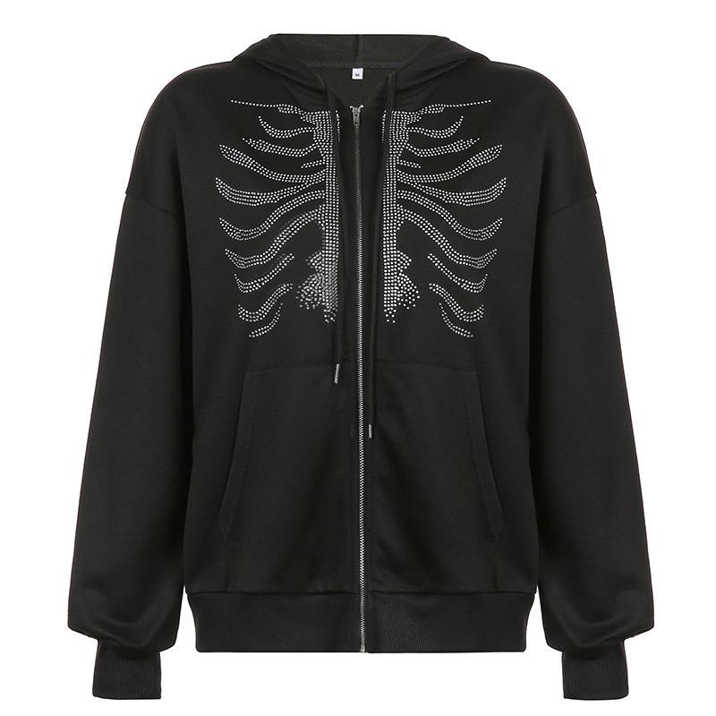 Y2K Rhinestone Skeleton Zip Up Oversized Sweatshirts Summer Goth Hoodies Women Grunge Hooded Jacket Streetwear Retro Clothe