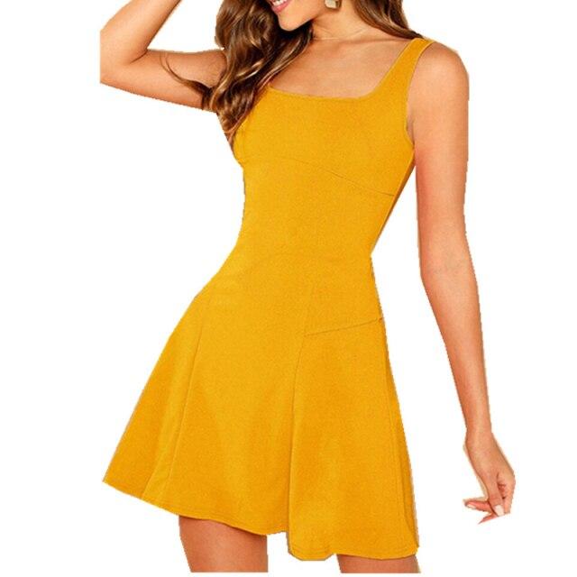 Summer Woman Dresses Sleeveless Straps Square Collar Slim Fit Sexy Mini A Line Dress
