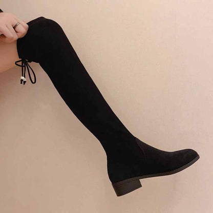 Over-the-knee Boots Women 3cm Suede Flat Bottom and Velvet Lace-up Boots High Boots Knight Boots Women Comfortable