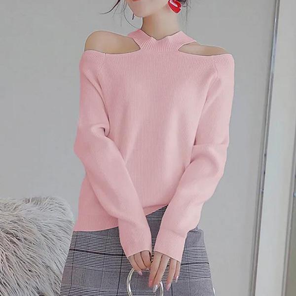 Spring and Autumn Hollow Halter Top Sexy Strapless Solid Color Base Shirt Women Round Neck Long Sleeve Comfortable Sweater