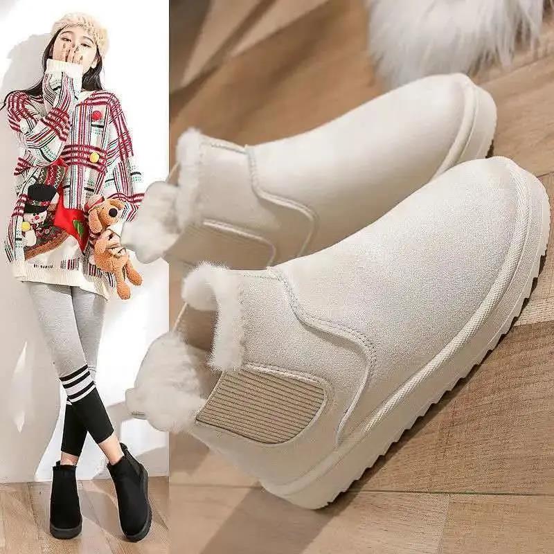 Snow Boots Women's Short Tube One Pedal Thick Bread Shoes Winter Warmth Plus Velvet Thick Wild Student Non-slip Cotton Shoes