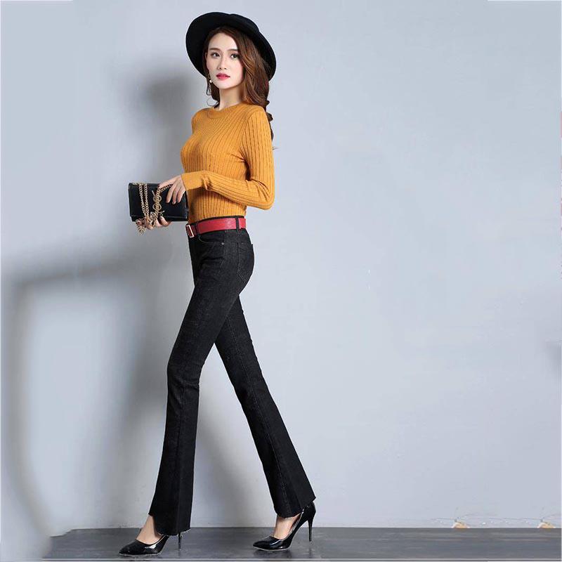 Jeans Flare-Pants Stretch Women Hight Waisted Wide Leg Denim Jeans Stretch Slim Pants Length Jeans