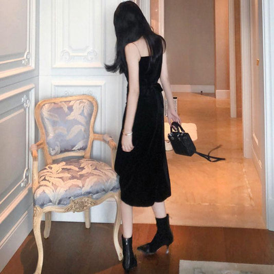 Women's Spring and Summer Elegant Slim Gold Velvet Bottom Long Over The Knee Black Suspender Hip Dress