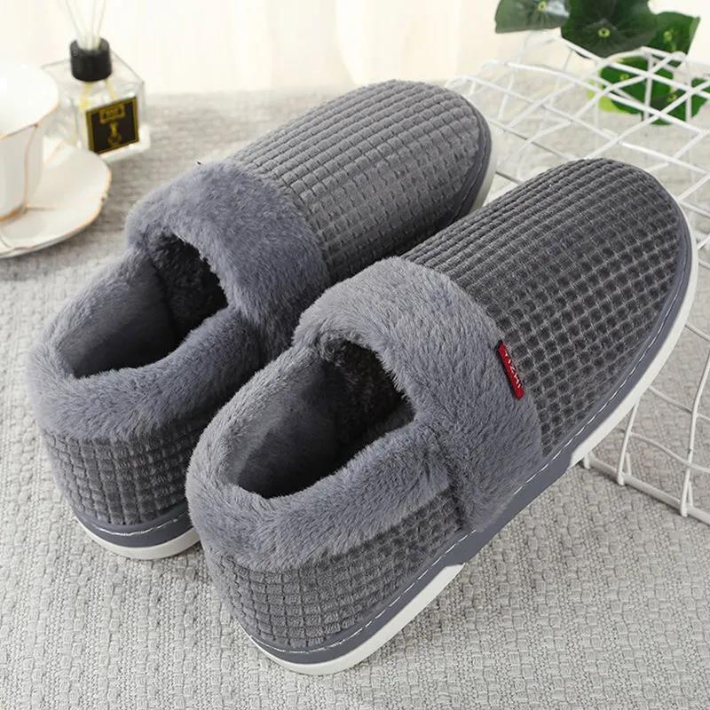 Men Winter Cotton Shoes Unisex  Home Slippers Leather  Non Slip Slippers Waterproof  Plush Warm Indoor Shoes