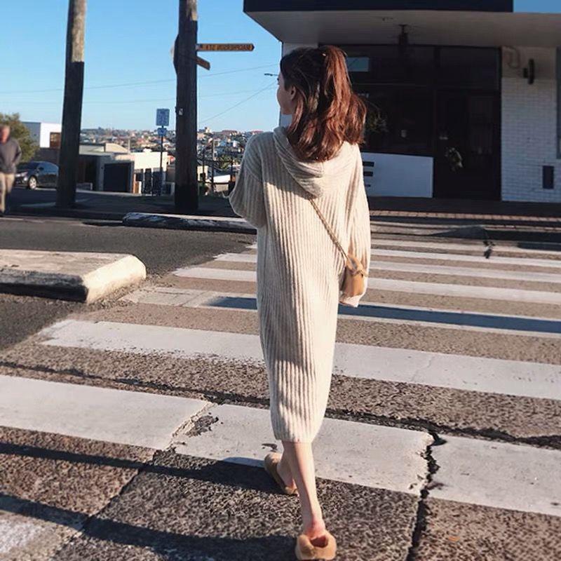 Autumn  Winter Thick Korean Mid-length Sweater Women Over The Knee Knit Sweater Dress Versatile Hooded Base Skirt