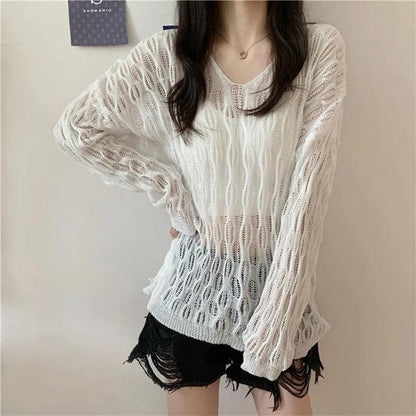 One-piece Knitted Blouse Autumn and Summer Women's Thin Loose Sunscreen Top