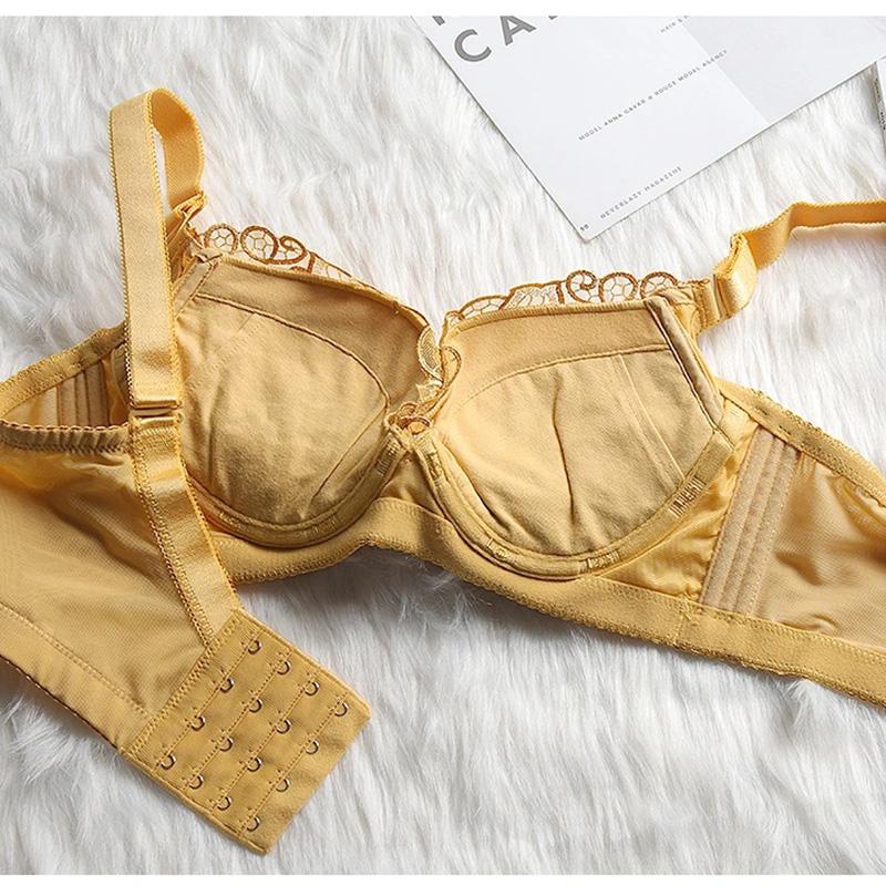 Women's Adjustable Underwear Exquisite Embroidery Sexy Lace Mesh Comfortable Cotton Solid Gathering Thick Padded Cup Bra Female Adjustable Brassiere