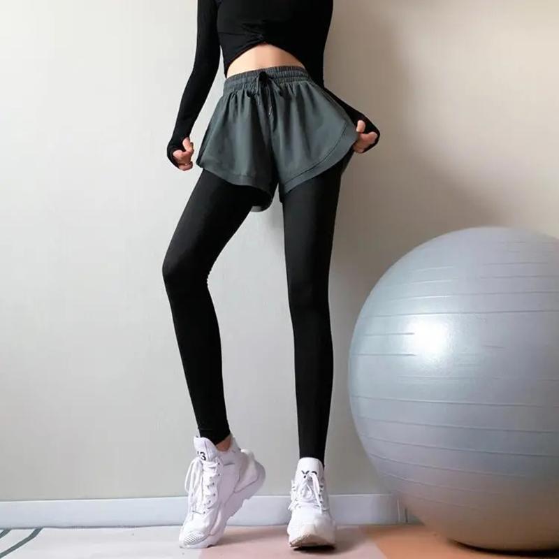 Women's High Waist Elastic Fake Two-piece Fitness Pants Tight Running Hakama Yoga Clothes Quick-drying Sports Slim Trousers Gym Running Pants